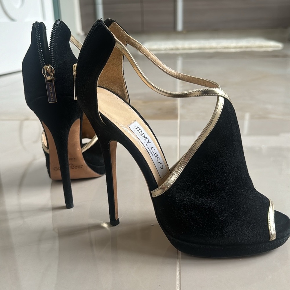 Jimmy Choo, black and gold suede accent straps, sandal